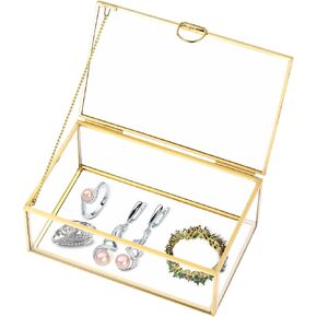MYFULLY Vintage Gold Glass Jewelry Box with Lid | Rectangular Lidded Keepsake & Trinket Card Box for Rings, Bracelets, Earrings, Vanity, Home Decor (7.8 x 4.3 x 2.3 inch) in Saudi Arabia