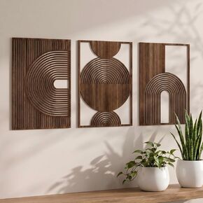 Yerliker 3 Pcs Mid Century Modern Wood Wall Art Decorations 3D Geometric Abstract Wall Sculpture for Living Room Bedroom Office Minimalist Aesthetic(Mid-century,15.75 x 15.75 x 1.97 Inch) in Kuwait