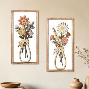 Kas Home 3D Floral Wall Art, Rustic Wood Farmhouse Flower with Vase Framed Minimalist Wall Decor for Living Room Bathroom Bedroom Office Housewarming Gift, Botanical Plaque Sculptures in Saudi Arabia