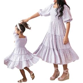 Mommy and Me Family Outfits Boho Matching Outfits Ruffle Puff Sleeve High Waist Midi Beach Maxi Dress in Saudi Arabia