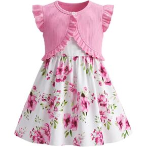 Girls' Pink Floral Dress and Cardigan Set, Sleeveless A-Line Dress with Ruffle Sleeve Bolero for Photo Day, Birthday Party in Saudi Arabia