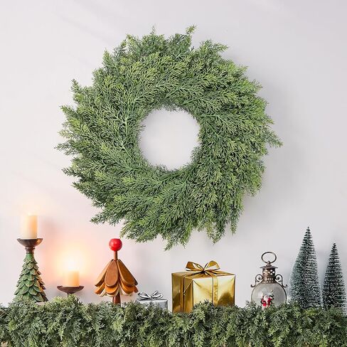 Real Touch Cedar Wreath - 22 Inch Outdoor Traditional Artificial Greenery Wreath for Front Door Windows Indoor Weatherproof Holiday Decor in Saudi Arabia