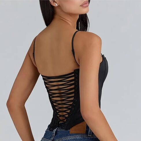 Sexy Corset Tops for Women Overbust Boned Bustier Spaghetti Straps Lingerie Open Back Lace Up Shapewear in Kuwait