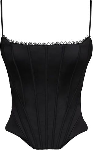 Sexy Corset Tops for Women Overbust Boned Bustier Spaghetti Straps Lingerie Open Back Lace Up Shapewear in Kuwait