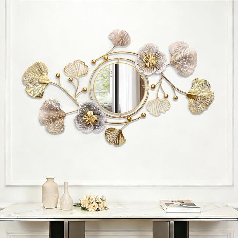 47'' Large Wall Mirror,Wall Mirrors Decorative,3D Metal Ginkgo Flower Leaf Design,Multi-Angle Hanging,for Living Room, Entrance or Hallway Wall Decor in Saudi Arabia