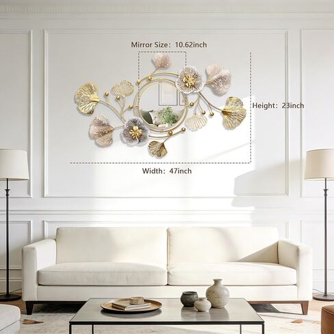 47'' Large Wall Mirror,Wall Mirrors Decorative,3D Metal Ginkgo Flower Leaf Design,Multi-Angle Hanging,for Living Room, Entrance or Hallway Wall Decor in Saudi Arabia