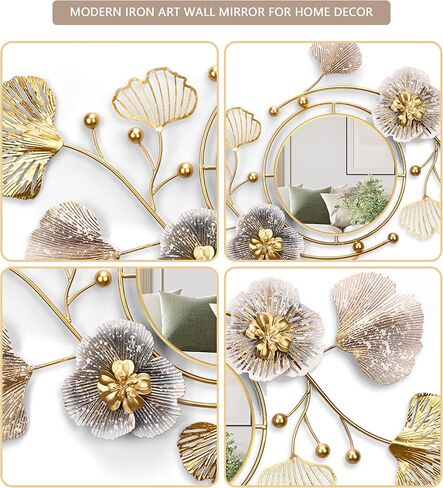 47'' Large Wall Mirror,Wall Mirrors Decorative,3D Metal Ginkgo Flower Leaf Design,Multi-Angle Hanging,for Living Room, Entrance or Hallway Wall Decor in Saudi Arabia