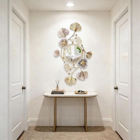 47'' Large Wall Mirror,Wall Mirrors Decorative,3D Metal Ginkgo Flower Leaf Design,Multi-Angle Hanging,for Living Room, Entrance or Hallway Wall Decor in Saudi Arabia