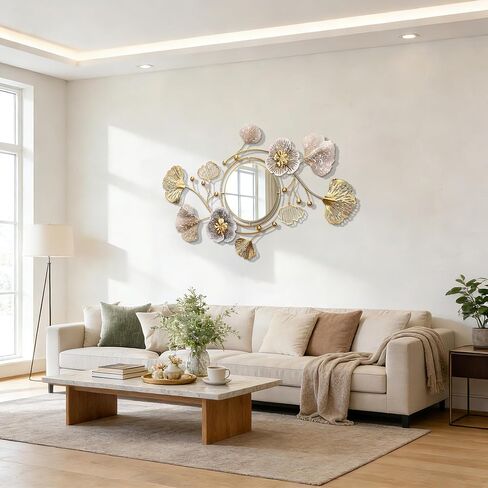 47'' Large Wall Mirror,Wall Mirrors Decorative,3D Metal Ginkgo Flower Leaf Design,Multi-Angle Hanging,for Living Room, Entrance or Hallway Wall Decor in Saudi Arabia