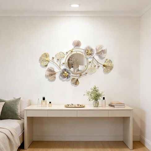 47'' Large Wall Mirror,Wall Mirrors Decorative,3D Metal Ginkgo Flower Leaf Design,Multi-Angle Hanging,for Living Room, Entrance or Hallway Wall Decor in Saudi Arabia