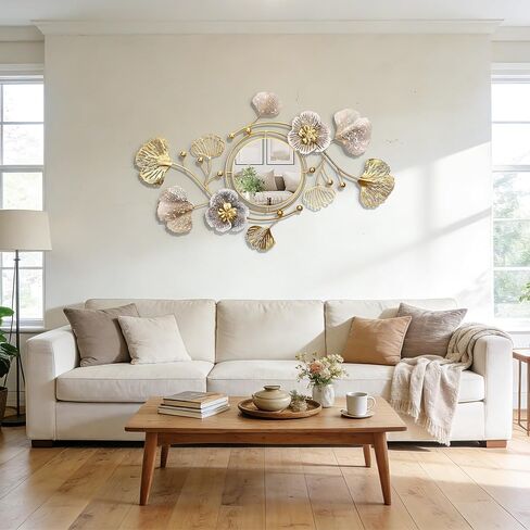 47'' Large Wall Mirror,Wall Mirrors Decorative,3D Metal Ginkgo Flower Leaf Design,Multi-Angle Hanging,for Living Room, Entrance or Hallway Wall Decor in Saudi Arabia