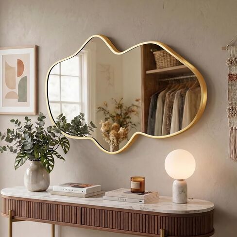 Irregular Wall Mirror, Gold Wavy Abstract Bathroom & Bedroom Mirror, Cloud-Shaped Decorative Shatter-Proof HD Wall Mirror for Over Sink and Entryway (22"x36", S, 1 Pack) in Kuwait