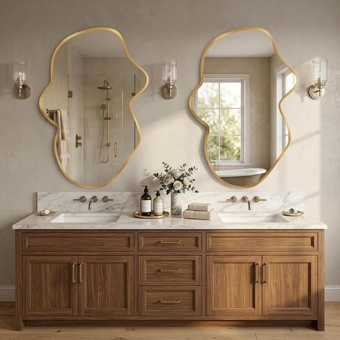 Irregular Wall Mirror, Gold Wavy Abstract Bathroom & Bedroom Mirror, Cloud-Shaped Decorative Shatter-Proof HD Wall Mirror for Over Sink and Entryway (22"x36", S, 1 Pack) in Kuwait