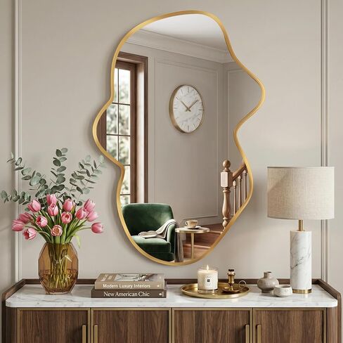 Irregular Wall Mirror, Gold Wavy Abstract Bathroom & Bedroom Mirror, Cloud-Shaped Decorative Shatter-Proof HD Wall Mirror for Over Sink and Entryway (22"x36", S, 1 Pack) in Kuwait