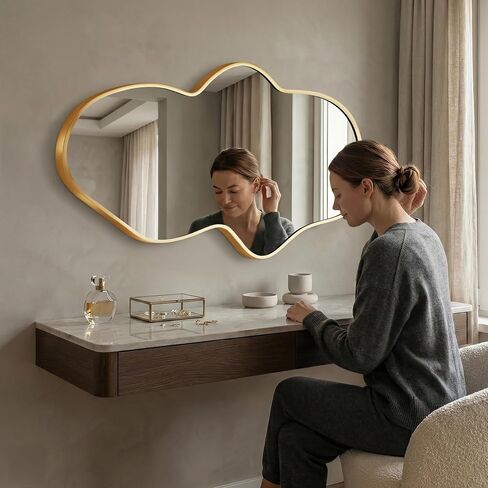 Irregular Wall Mirror, Gold Wavy Abstract Bathroom & Bedroom Mirror, Cloud-Shaped Decorative Shatter-Proof HD Wall Mirror for Over Sink and Entryway (22"x36", S, 1 Pack) in Kuwait
