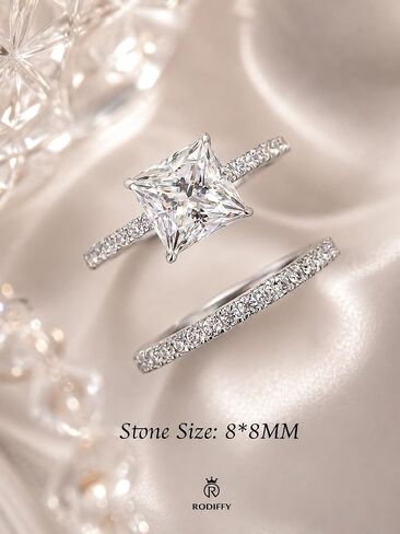 RODIFFY Princess Cut Moissanite Engagement Ring Set for Women, 2CT D Color VVS1 Lab Created Moissanite Bridal Ring Set, 925 Sterling Silver Wedding Promise Rings in Saudi Arabia