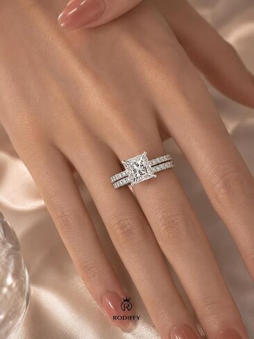 RODIFFY Princess Cut Moissanite Engagement Ring Set for Women, 2CT D Color VVS1 Lab Created Moissanite Bridal Ring Set, 925 Sterling Silver Wedding Promise Rings in Saudi Arabia