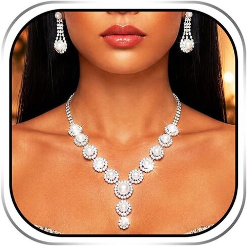 Sixexey Pearl Rhinestone Jewelry Set Prom Necklace Earrings for Women | White Pearl Jewelry Bridal Wedding Prom Costume Jewelry Accessories for Women in Saudi Arabia