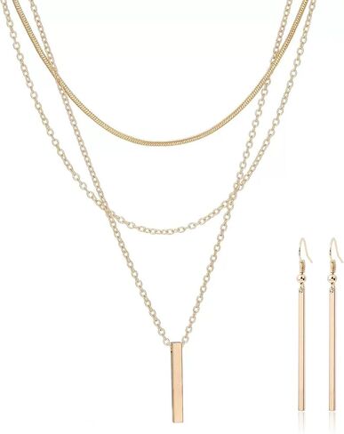 Long 14K Gold Plated Necklace Earrings Set for Women Long Vertical Bar Drop Dangle Earrings Trendy Layered Chain Drop Necklaces Gift Simple lariat Chain Minimalist Dangle Earrings for Women in Saudi Arabia