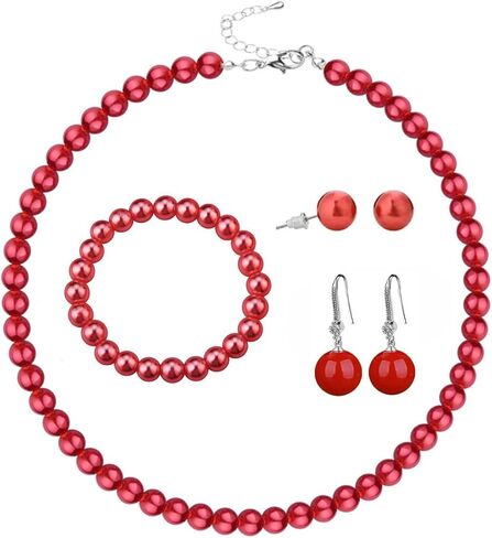 COLORFUL BLING Faux Pearl Jewelry Set, 4Pcs Pearl Necklace Bracelet Earrings Set for Women, Elegant Round Beaded Costume Jewelry for Wedding Party Daily Wear in Saudi Arabia