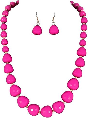 Multi-colored Chunky Bead Jewelry Set Colorful Geometric Chunky Beaded Necklace Earrings Set Oversized Irregular Retro Party Prom Bohemian Costume Jewelry Accessories in Kuwait