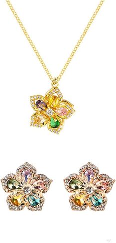 coadipress Crystal Flower Necklace Earrings Set for Women Bohemian Vintage Camellia Flower Pendant Necklace Dainty Rhinestone Flower Stud Earrings Birthday Charm Jewelry in Kuwait