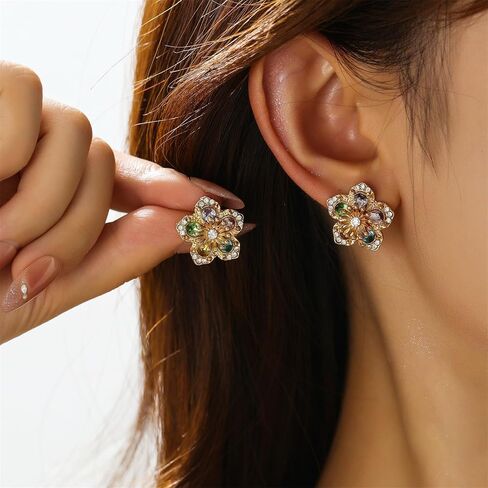 coadipress Crystal Flower Necklace Earrings Set for Women Bohemian Vintage Camellia Flower Pendant Necklace Dainty Rhinestone Flower Stud Earrings Birthday Charm Jewelry in Kuwait