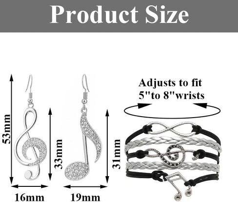 3PCS Musical Note Necklace Earrings Bracelet Set for Women Crystal Music Note Dangle Earrings Pendant Necklace Adjustable Music Bracelet Fashion Jewelry Gifts for Women Music Lover in Kuwait
