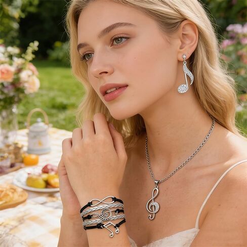 3PCS Musical Note Necklace Earrings Bracelet Set for Women Crystal Music Note Dangle Earrings Pendant Necklace Adjustable Music Bracelet Fashion Jewelry Gifts for Women Music Lover in Kuwait