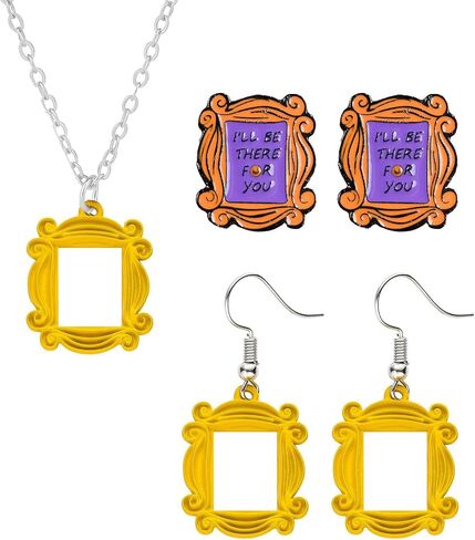 WCRAZYE Friends Earrings Necklace Brooch Set for Women Unique Yellow TV Show Merchandise Friend Themed Frame Necklace Monica Peephole Door Frame Dangle Drop Earring 90s Themed Jewelry Gift in Kuwait