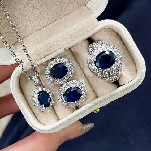 Gorgeous Oval Blue Cubic Zirconia Ring Stud Earrings and Necklace Women Jewelry Set in Kuwait