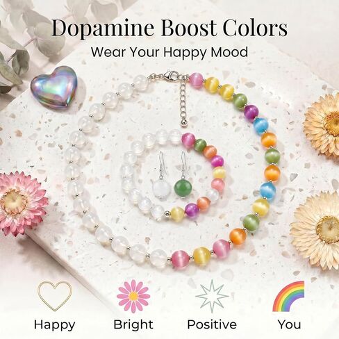 Dopamine Necklace Uv Reactive Necklace Jewelry Colorful Rainbow Beaded Necklaces Dopamine Jewelry Set Uv Color Mood Necklaces Bracelet Earrings Summer Beach Vacation Gifts for Women in Saudi Arabia