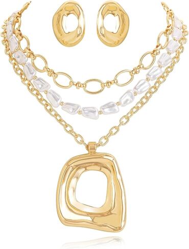 Coiris 3 Pcs Gold Chunky Necklace Earrings Jewerly Set for Women Statement Layered Gold Chain Pearl Large Pendant Stackable Boho Jewerly Set in Kuwait