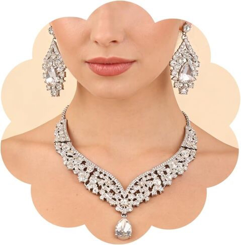Crystal Necklace Earrings Sets for Women Teardrop Rhinestone Costume Accessories Statement Wedding Prom Jewelry Set in Saudi Arabia