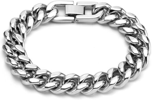 12mm Cuban Link Bracelet For Men Stainless Steel Mens Silver Bracelet, 9 Inch Chain Bracelet For Men. in Saudi Arabia