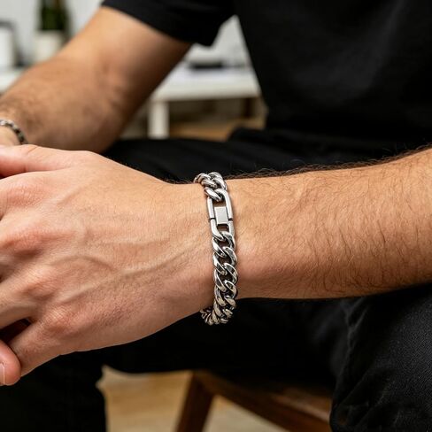 12mm Cuban Link Bracelet For Men Stainless Steel Mens Silver Bracelet, 9 Inch Chain Bracelet For Men. in Saudi Arabia
