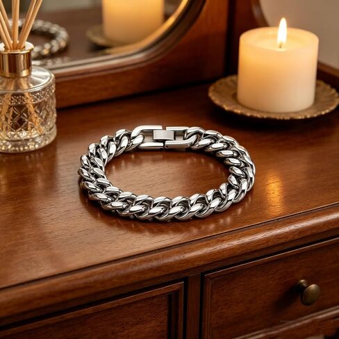 12mm Cuban Link Bracelet For Men Stainless Steel Mens Silver Bracelet, 9 Inch Chain Bracelet For Men. in Saudi Arabia