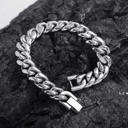 12mm Cuban Link Bracelet For Men Stainless Steel Mens Silver Bracelet, 9 Inch Chain Bracelet For Men. in Saudi Arabia