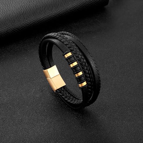 Punk Style Braided Leather Bracelet, Multi - Layer Black Leather Hand Jewelry with Metal Accent for Men in Kuwait