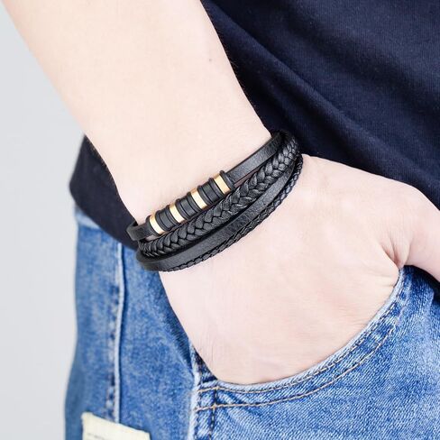 Punk Style Braided Leather Bracelet, Multi - Layer Black Leather Hand Jewelry with Metal Accent for Men in Kuwait