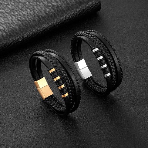 Punk Style Braided Leather Bracelet, Multi - Layer Black Leather Hand Jewelry with Metal Accent for Men in Kuwait