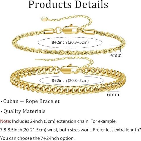 Mens Bracelet Set 6.5-8In - Bracelets for Men, Plated Stylish Snake Chain Bracelets 2mm/5mm Cuban Chain Bracelets, Gift for Men, Dad, Husband, Boyfriend in Kuwait