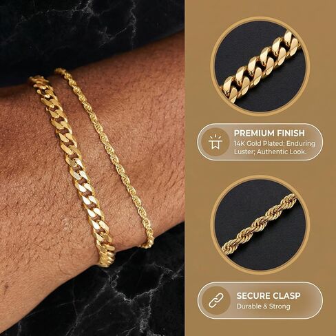 Mens Bracelet Set 6.5-8In - Bracelets for Men, Plated Stylish Snake Chain Bracelets 2mm/5mm Cuban Chain Bracelets, Gift for Men, Dad, Husband, Boyfriend in Kuwait
