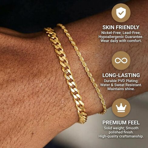 Mens Bracelet Set 6.5-8In - Bracelets for Men, Plated Stylish Snake Chain Bracelets 2mm/5mm Cuban Chain Bracelets, Gift for Men, Dad, Husband, Boyfriend in Kuwait