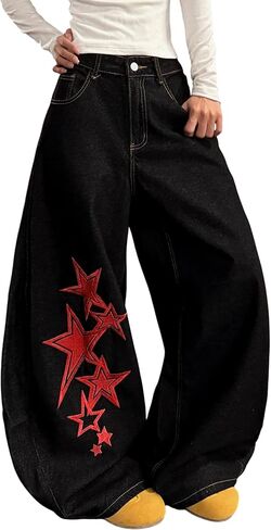 Baggy Jeans for Women Wide Leg Vintage Star Print Y2K 90s Streetwear Denim Pants Casual Loose Fit Long Trousers in Kuwait