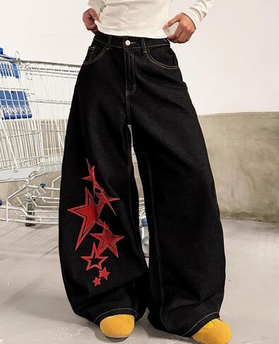 Baggy Jeans for Women Wide Leg Vintage Star Print Y2K 90s Streetwear Denim Pants Casual Loose Fit Long Trousers in Kuwait