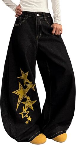 Baggy Jeans for Women Wide Leg Vintage Star Print Y2K 90s Streetwear Denim Pants Casual Loose Fit Long Trousers in Kuwait