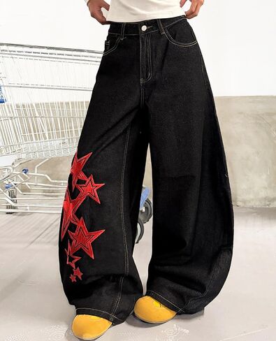 Baggy Jeans for Women Wide Leg Vintage Star Print Y2K 90s Streetwear Denim Pants Casual Loose Fit Long Trousers in Kuwait