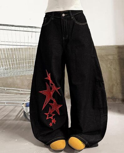 Baggy Jeans for Women Wide Leg Vintage Star Print Y2K 90s Streetwear Denim Pants Casual Loose Fit Long Trousers in Kuwait