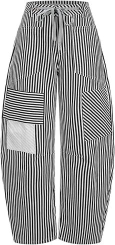 HOULENGS Womens Striped Barrel Jeans Casual Loose Straight Wide Leg Baggy Pants Drawstring High Waist Sweatpants with Pockets in Saudi Arabia